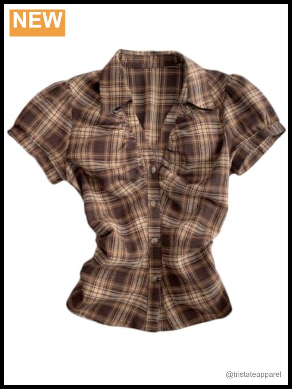Y2K Plaid Button Down Shirt Women V Neck Puff Sleeve Ruched Tie Back Summer